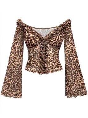 Y2K Style Mesh Off Shoulder Flare Sleeve Ruffle Leopard Print Sheer Top XS